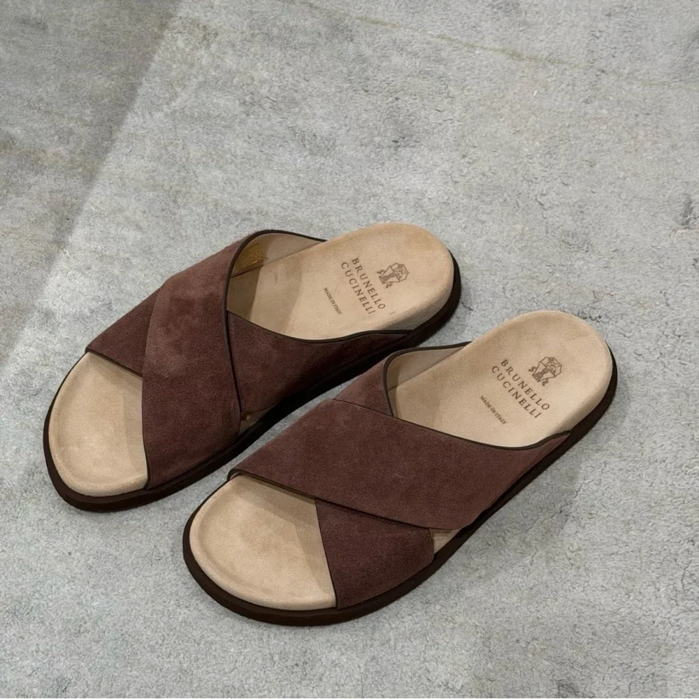 Brunello Cucinelli Brown Crossover Suede Slide Sandals